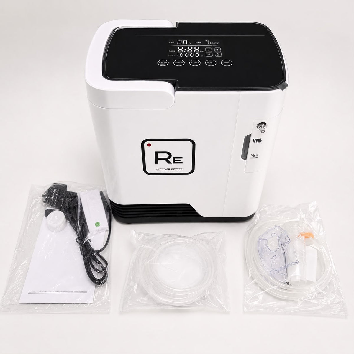Restore Compact Oxygen Concentrator showing the top control panel and supplied accessories