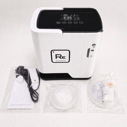 Restore Compact Oxygen Concentrator showing the top control panel and supplied accessories