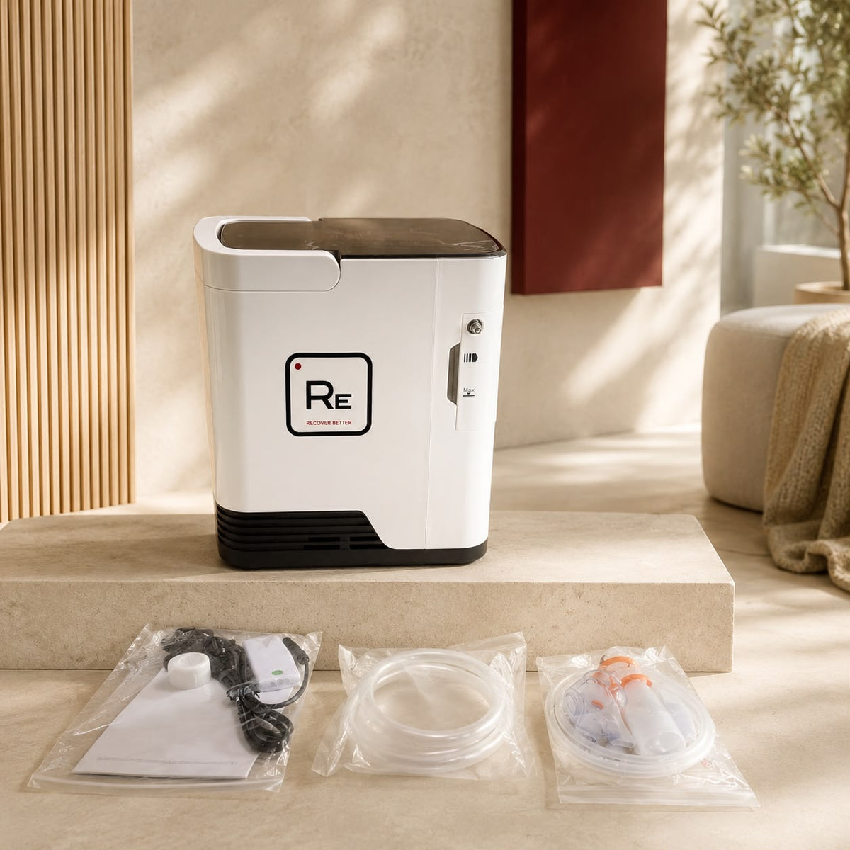 Restore Compact Oxygen Concentrator and accessories in a warm interior