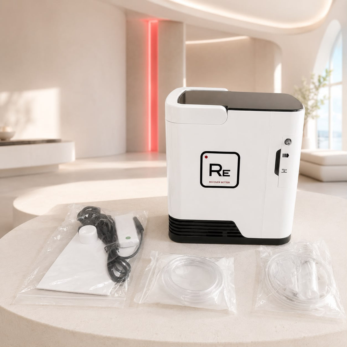 Restore Compact Oxygen Concentrator and accessories in a bright interior