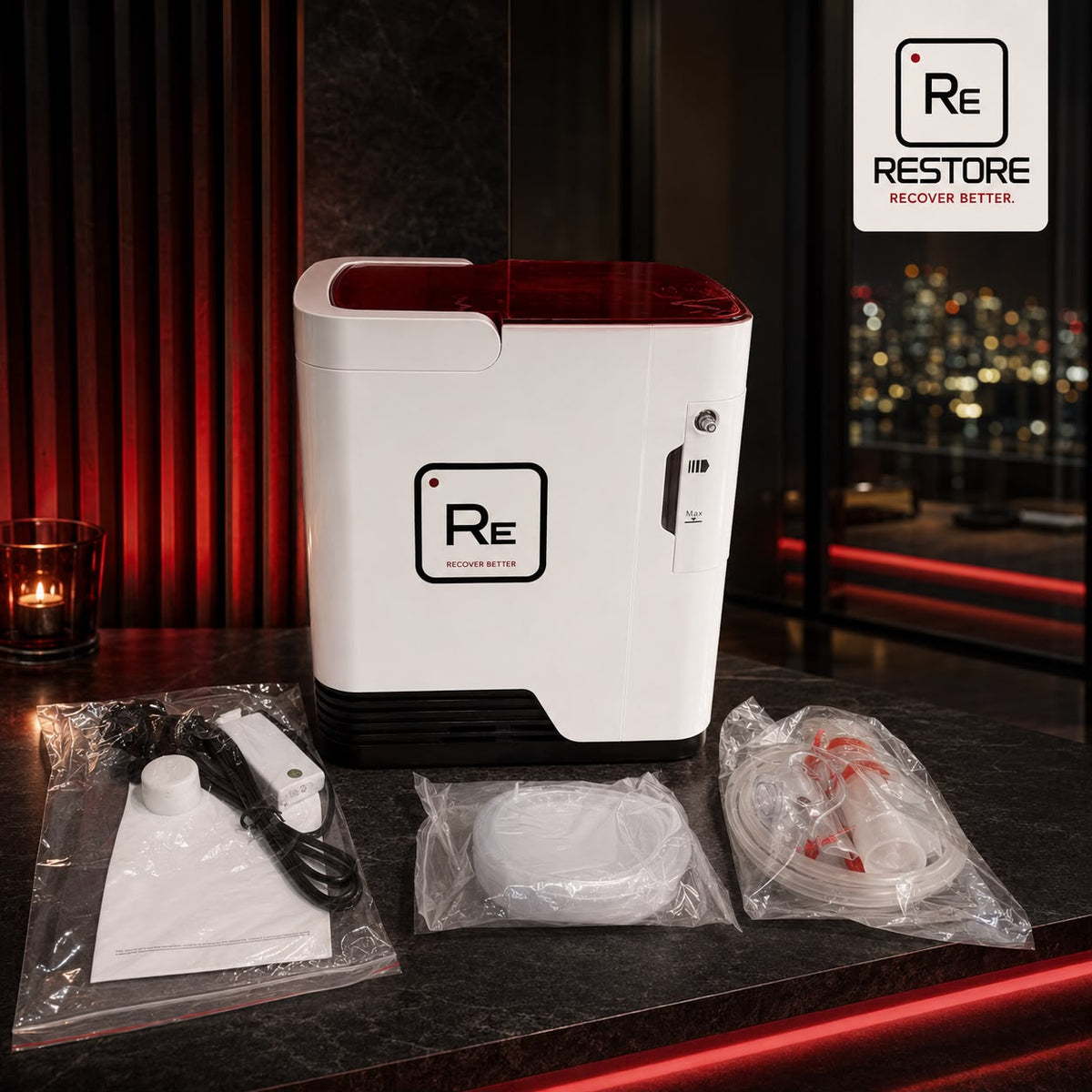 Restore Compact Oxygen Concentrator and accessories in a red-lit interior