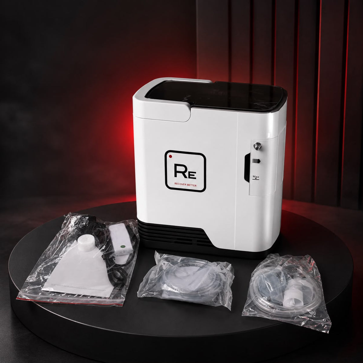 Restore Compact Oxygen Concentrator on a round table in a dark interior