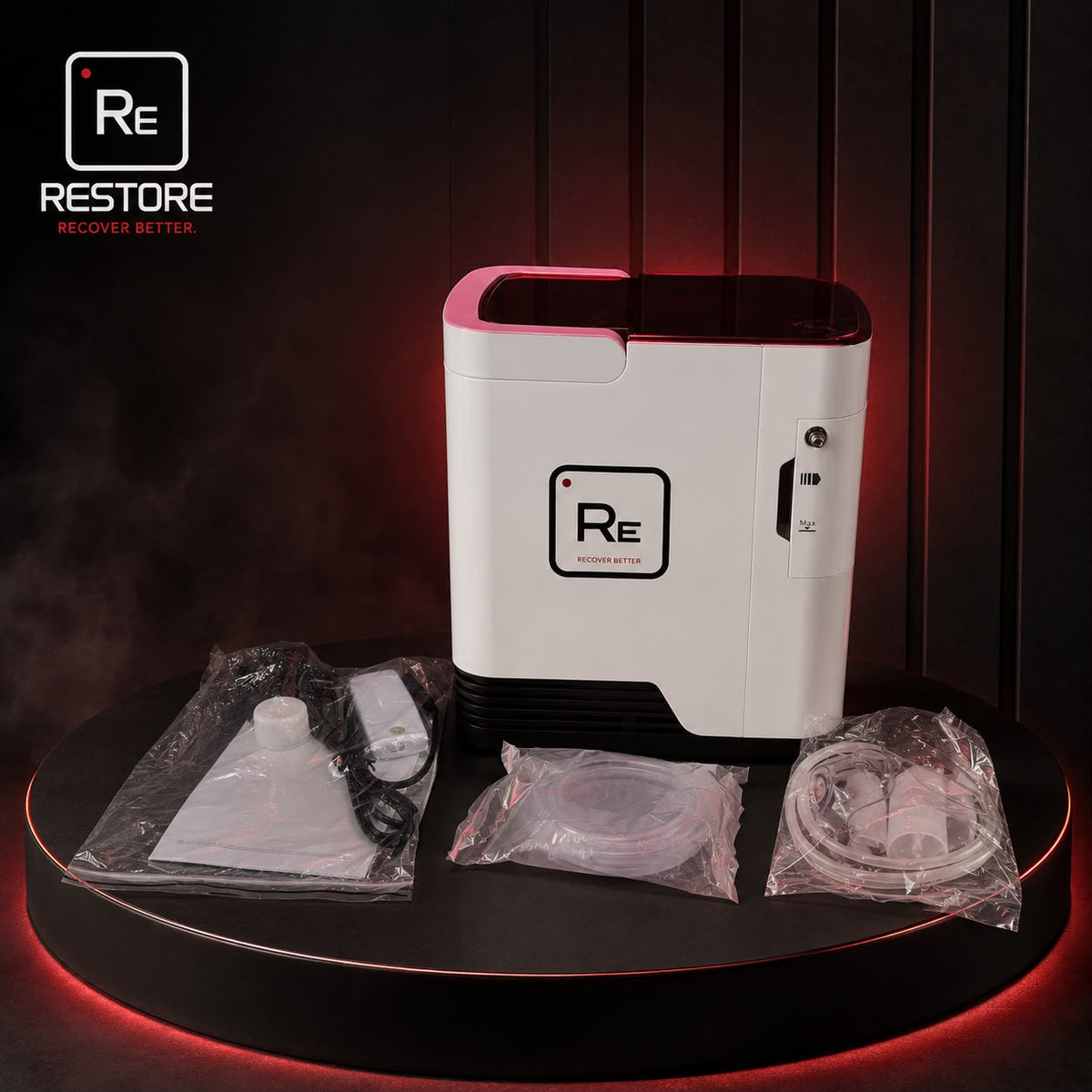 Restore Compact Oxygen Concentrator and accessories on a round table in a dark interior