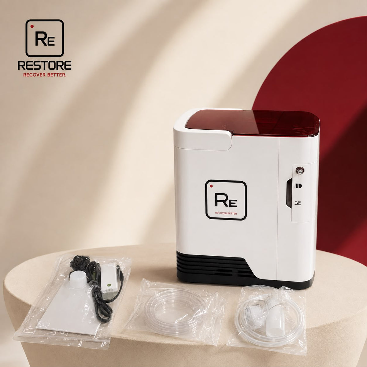 Restore Compact Oxygen Concentrator and accessories in a warm room