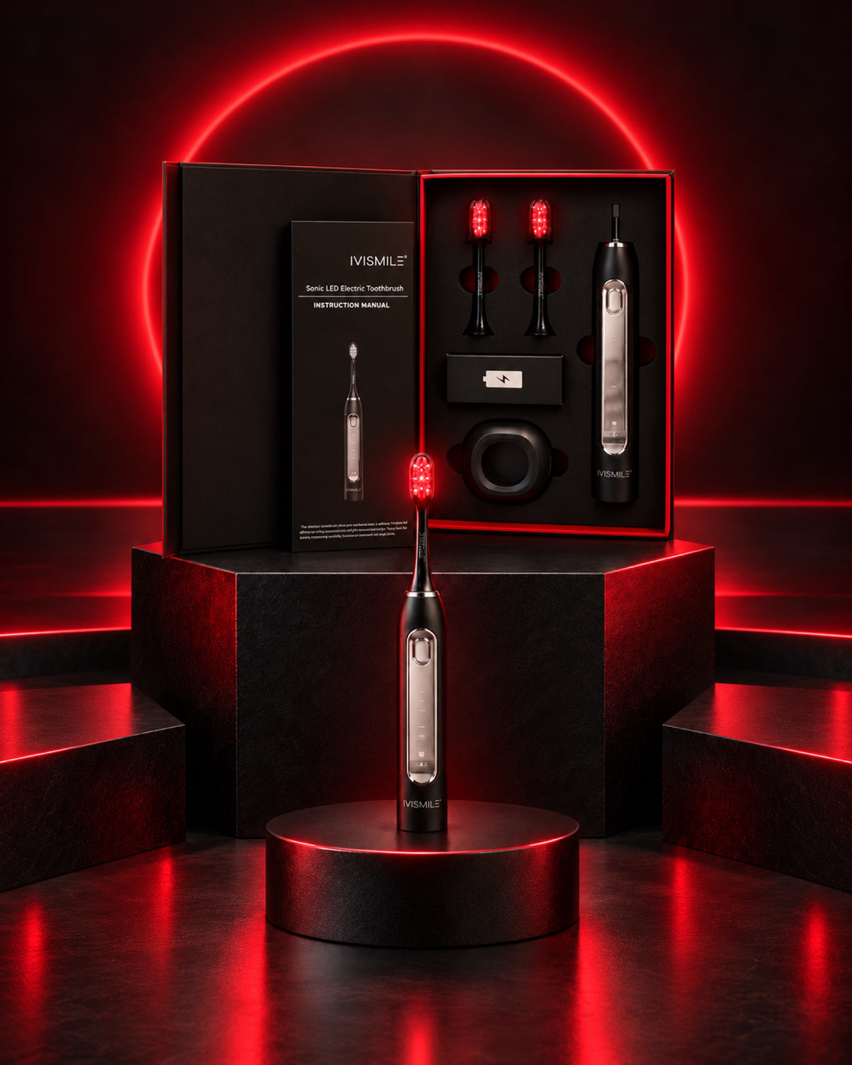 LED Electric Toothbrush with red light in front of its open gift box with spare heads and charger