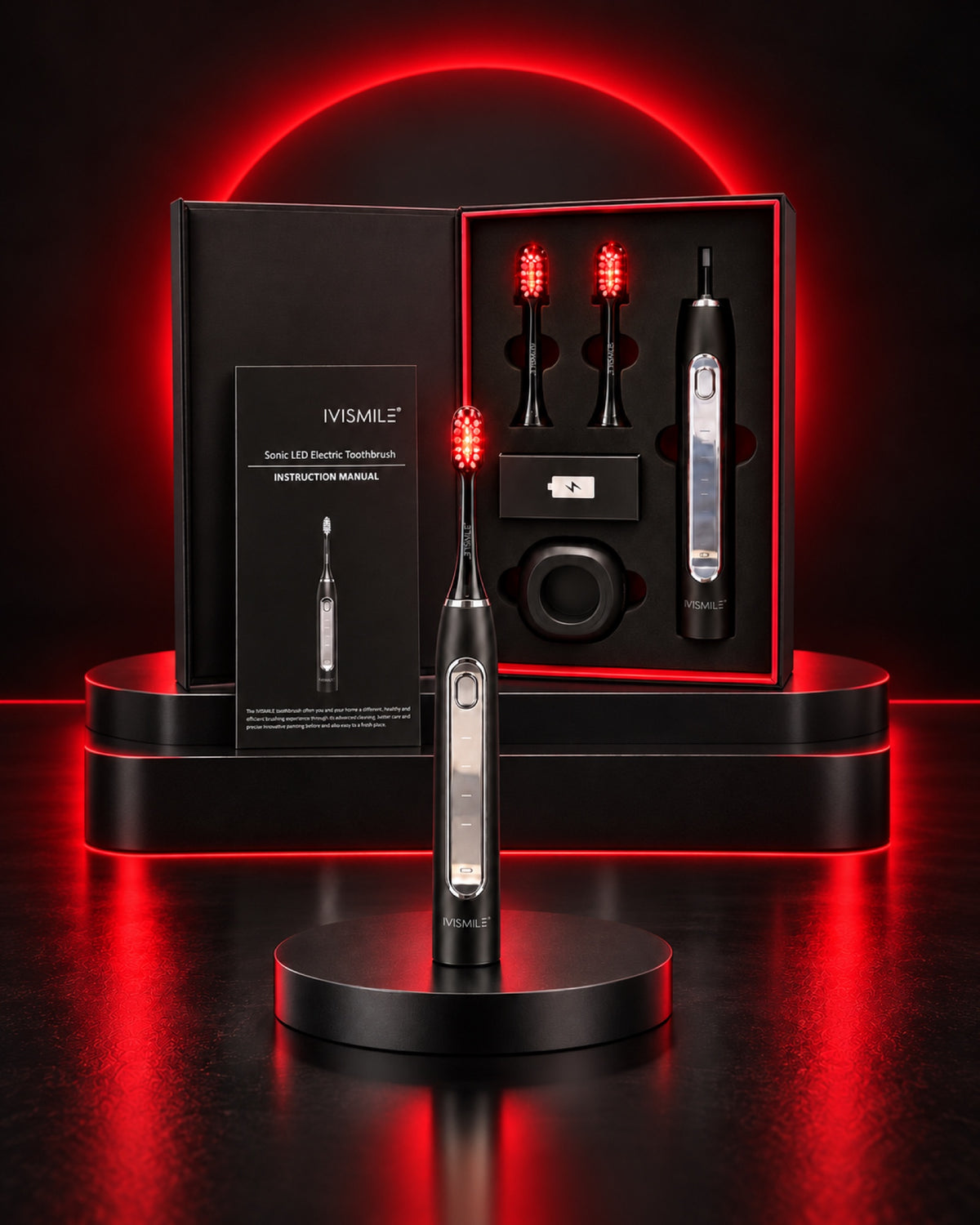 LED Electric Toothbrush with red light on a stand beside its gift box and instruction manual