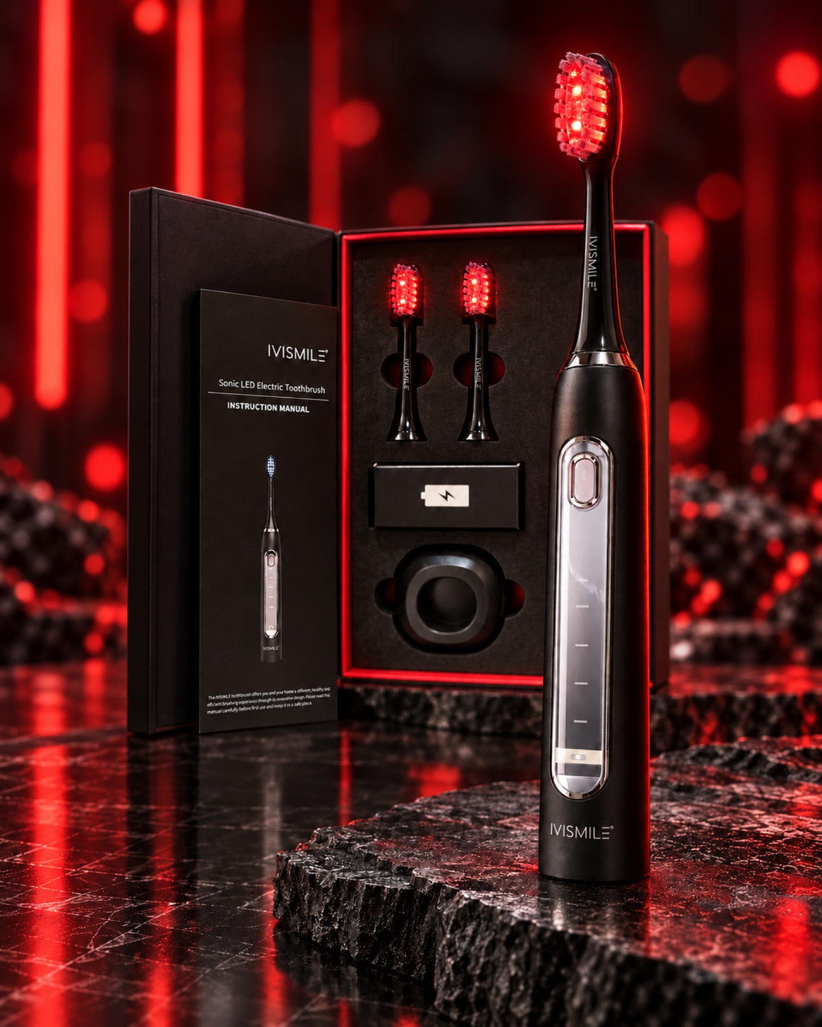 LED Electric Toothbrush with red light standing beside its open gift box