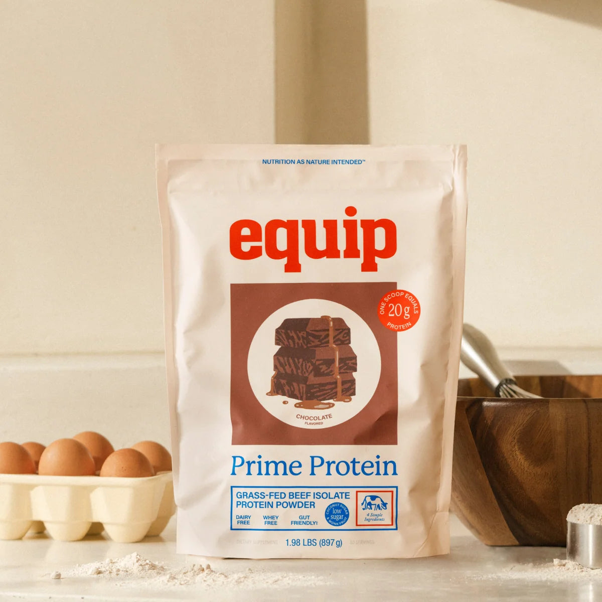 Equip Prime Protein Chocolate, grass-fed beef isolate protein powder pouch