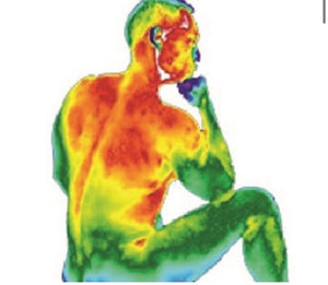Thermal image of a seated person showing heat patterns across the body