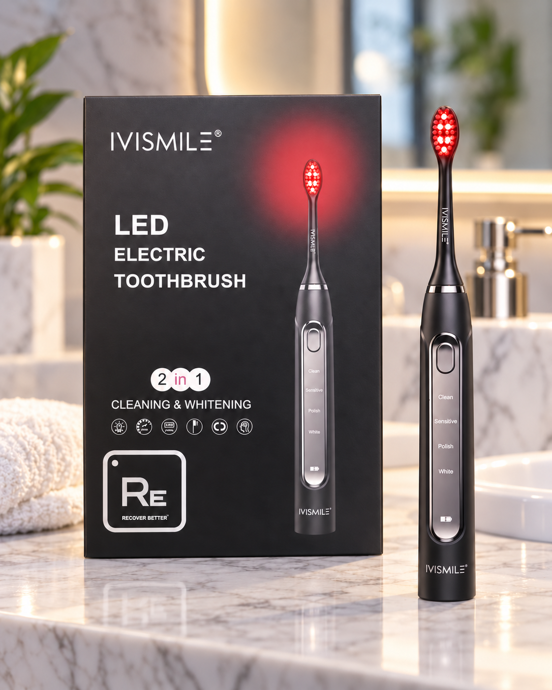 LED Electric Toothbrush and box in a bathroom setting